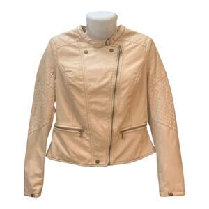 JouJou Women's Beige Faux Leather Full Zip Moto Jacket Zipper Pockets Snaps SZ L